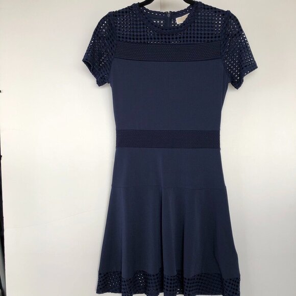 MICHAEL Michael Kors Lace Mesh Fit & Flare Dress Navy Short Sleeves Mini Dress S - Picture 9 of 16